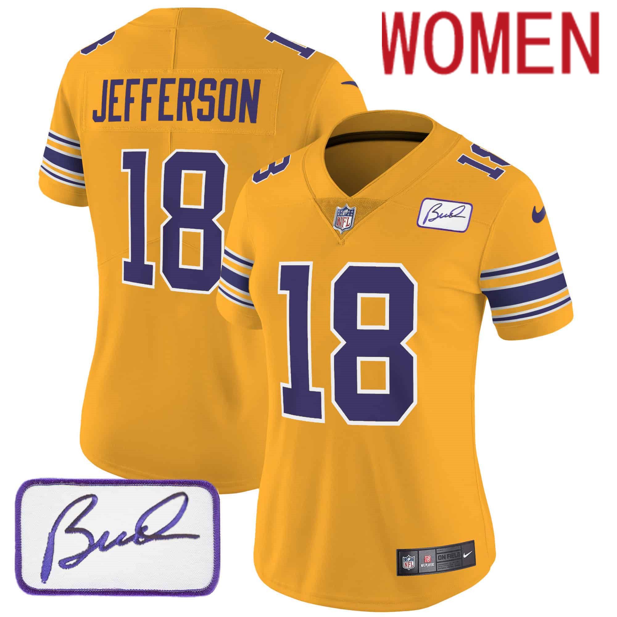 Women Minnesota Vikings #18 Jefferson Yellow 2024 Nike Bud Grant Patch Classic Limited NFL Jersey